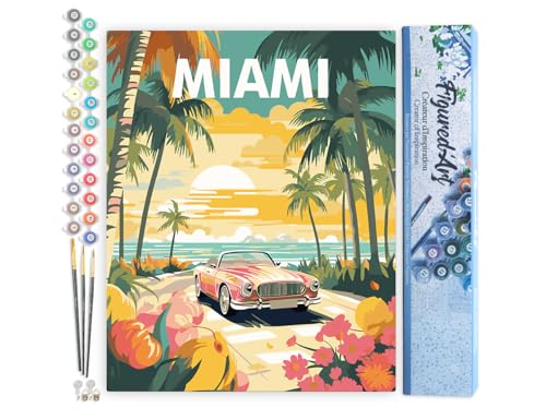 Figured'Art Malen Nach Zahlen Erwachsene Reiseposter Miami Sonnenuntergang - Paint by Numbers Basteln DIY Bastelset 40x50cm ohne Holzrahmen von Figured'Art