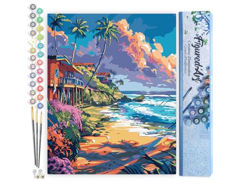 Figured'Art Malen Nach Zahlen Erwachsene Strandhäuser - Paint by Numbers Basteln DIY Bastelset 40x50cm ohne Holzrahmen von Figured'Art