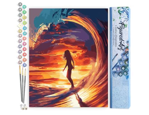Figured'Art Malen Nach Zahlen Erwachsene Surfmädchen und die große Welle - Paint by Numbers Basteln DIY Bastelset 40x50cm ohne Holzrahmen von Figured'Art
