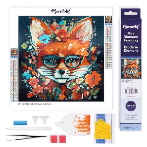 Figured'Art Mini Diamond Painting Erwachsene 25x25cm Ganze Leinwand gerollt Fantasie Fuchs mit Blumen 5D Bilder Runde Steine - DIY Set Basteln von Figured'Art