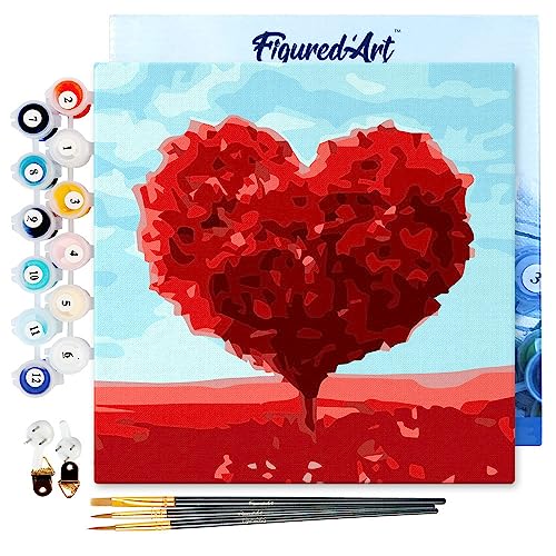Figured'Art Mini Malen Nach Zahlen Erwachsene Mit Rahmen 20x20cm Kleines Format - Herzroter Baum - Paint by Numbers Basteln DIY Bastelset Leinwand gespannt auf Holzrahmen von Figured'Art