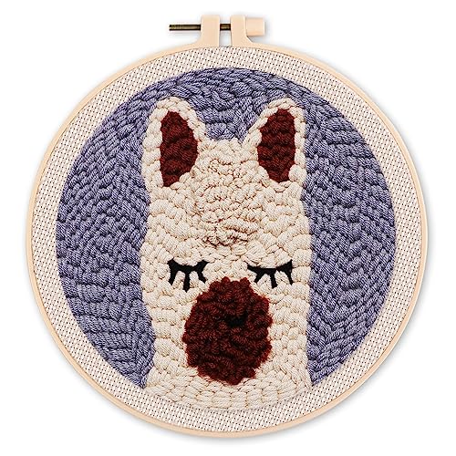 Figured'Art Punch Needle Set für Erwachsene - Stickerei, ideal für Anfänger - Kleines Lama - 20x20cm mit rundem Rahmen von Figured'Art