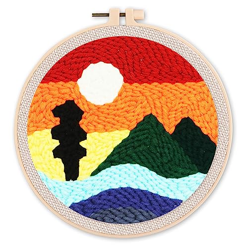 Figured'Art Punch Needle Set für Erwachsene - Stickerei, ideal für Anfänger - Berg und Sonnenuntergang - 20x20cm mit rundem Rahmen Figured'Art Punch Needle Set für Erwachsene - Stickerei, ideal für Anfänger - Berg und Sonnenuntergang - 20x20cm mit rundem Rahmen von Figured'Art