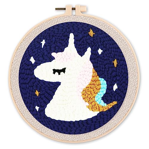 Figured'Art Punch Needle Set für Erwachsene - Stickerei, ideal für Anfänger - Einhorn - 20x20cm mit rundem Rahmen von Figured'Art