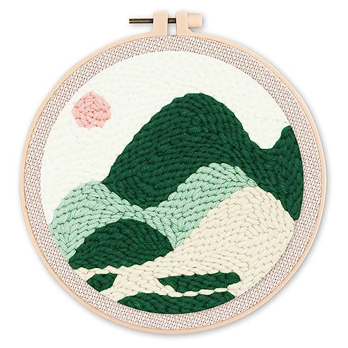 Figured'Art Punch Needle Set für Erwachsene - Stickerei, ideal für Anfänger - Grüne Berge - 20x20cm mit rundem Rahmen von Figured'Art