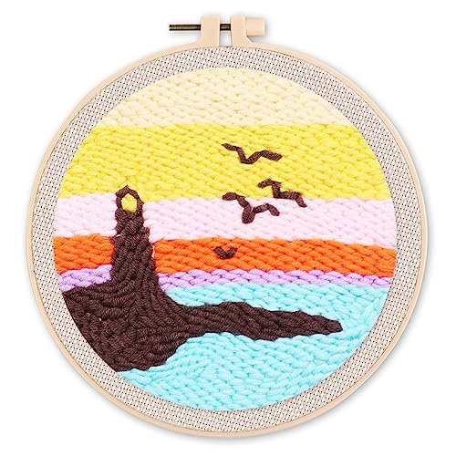 Figured'Art Punch Needle Set für Erwachsene - Stickerei, ideal für Anfänger - Leuchtturm und Sonnenuntergang - 20x20cm mit rundem Rahmen von Figured'Art