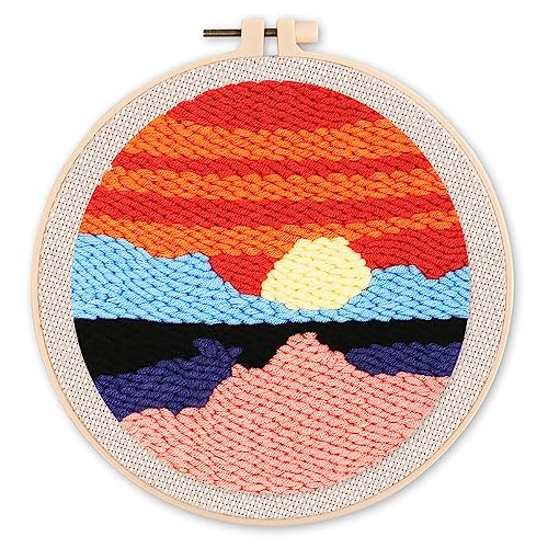 Figured'Art Punch Needle Set für Erwachsene - Stickerei, ideal für Anfänger - Meer bei Sonnenuntergang - 20x20cm mit rundem Rahmen von Figured'Art