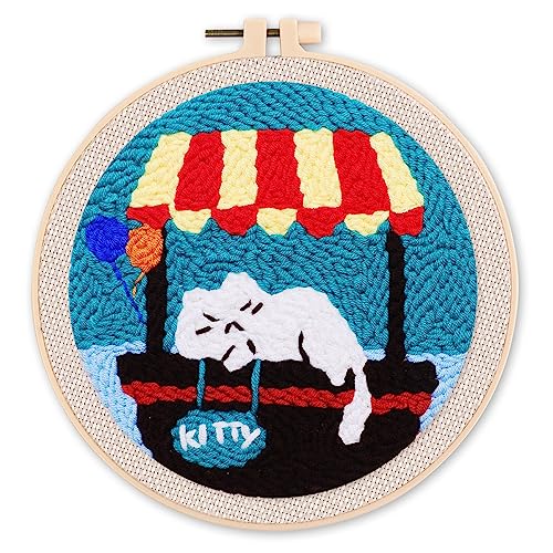 Figured'Art Punch Needle Set für Erwachsene - Stickerei, ideal für Anfänger - Schläfrige Katze - 20x20cm mit rundem Rahmen von Figured'Art