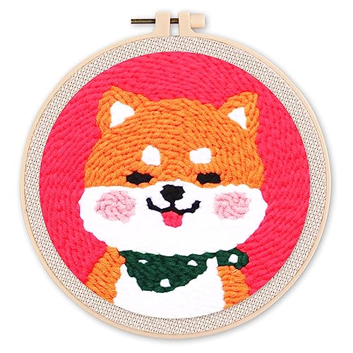 Figured'Art Punch Needle Set für Erwachsene - Stickerei, ideal für Anfänger - Shiba Inu Hund - 20x20cm mit rundem Rahmen von Figured'Art