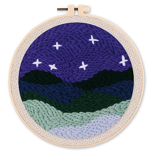 Figured'Art Punch Needle Set für Erwachsene - Stickerei, ideal für Anfänger - Unter den Sternen - 20x20cm mit rundem Rahmen von Figured'Art