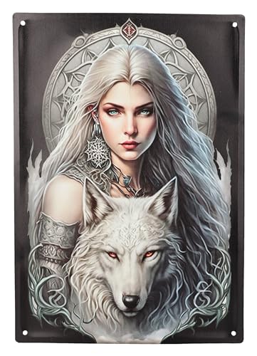Blechschild Beschützerin des Wolfes 40 cm - Wand Deko Schild Metallschild Gothic Blech Metall Relief geprägt von Figuren Shop GmbH