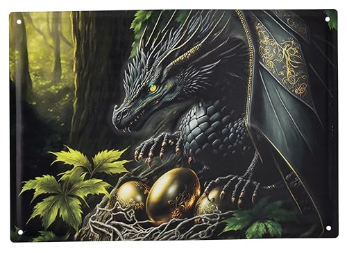 Blechschild Drache schwarz goldene Eier 40 cm - Fantasy Wand Deko Schild Metallschild Gothic Blech Metall von Figuren Shop GmbH