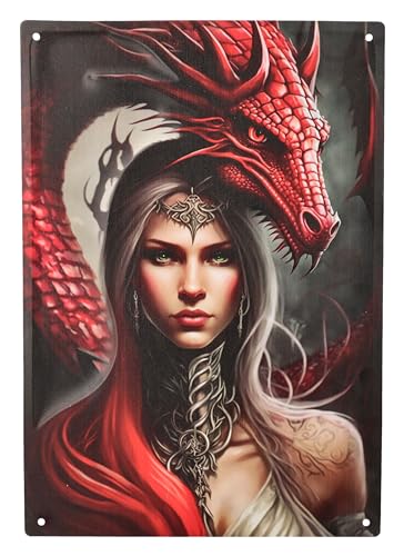 Blechschild Wächterin des roten Drachen - Fantasy Kriegerin Wand Deko Schild Metallschild Gothic Blech Metall Prinzessin von Figuren Shop GmbH