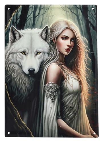 Blechschild Wolf Hexe Magierin Prinzessin Kriegerin 40 cm - Fantasy Wand Deko Schild Metallschild Gothic Blech Metall geprägt Relief von Figuren Shop GmbH