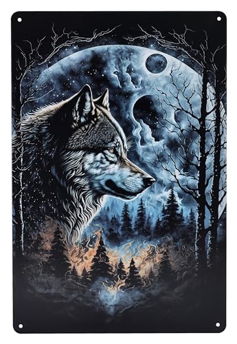 Blechschild Wolf Inferno Vollmond Feuer 30 cm - Fantasy Wand Deko Schild Metallschild Gothic Blech Metall von Figuren Shop GmbH
