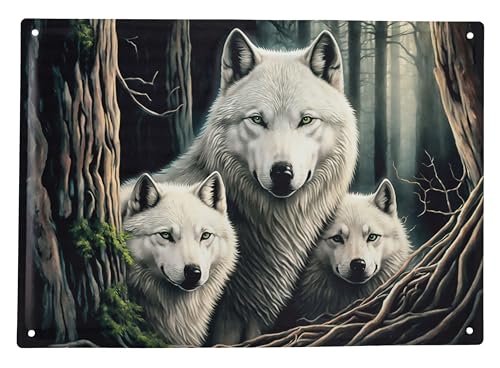 Blechschild Wolf Mutter mit Jungen weiß 40 cm - Fantasy Wand Deko Schild Metallschild Gothic Blech Metall Relief geprägt von Figuren Shop GmbH