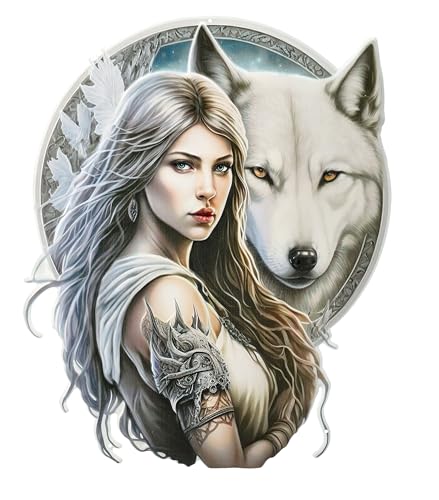 Blechschild Wolf & Kriegerin 45 cm - Fantasy Wand Deko Schild XL groß Metallschild Gothic Gothik Relief geprägt von Figuren Shop GmbH