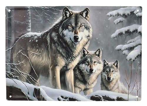 Blechschild Wolfsrudel im Winterwald 40 cm - Fantasy Wand Deko Schild Metallschild Wolf Blech Metall Relief geprägt von Figuren Shop GmbH