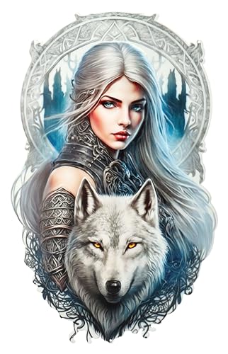 Dekoratives Metallschild, 48x30 cm - Kriegerin mit Wolf, Strahlendblaue Augen, Relief-Oberfläche, Fantasy Wanddeko von Figuren Shop GmbH