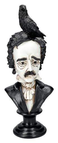 Edgar Allan Poe Büste mit Rabe, 40 cm - Karikatur-Design, Kunststein, Handbemalt, Schwarz-Weiß, Hommage, Figur von Figuren Shop GmbH
