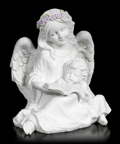 Engel Figur mit Kind und Buch, 19,5 cm, Handbemalt, Kunststein – Weiße Skulptur mit Blumenschmuck Highlight von Figuren Shop GmbH