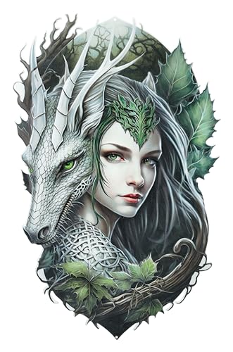 Figuren Shop GmbH: Fantasy Blechschild - Magierin mit Drache, Geprägt, Grün, 48x30 cm, Dekoration, Mystische Frau Wanddeko von Figuren Shop GmbH