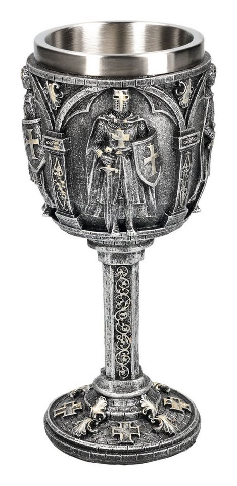 Figuren Shop GmbH Becher Kreuzritter Kelch – Ritter Templer Gothic Becher 18.5 cm Weinkelch, Kunststein (Polyresin), Edelstahl von Figuren Shop GmbH