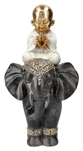 Figuren Shop GmbH Betender Mönch auf Elefant, Buddha-Figur, Gold-Weiß, Kunststein, 26,5 cm - Statue Deko Buddhismus von Figuren Shop GmbH
