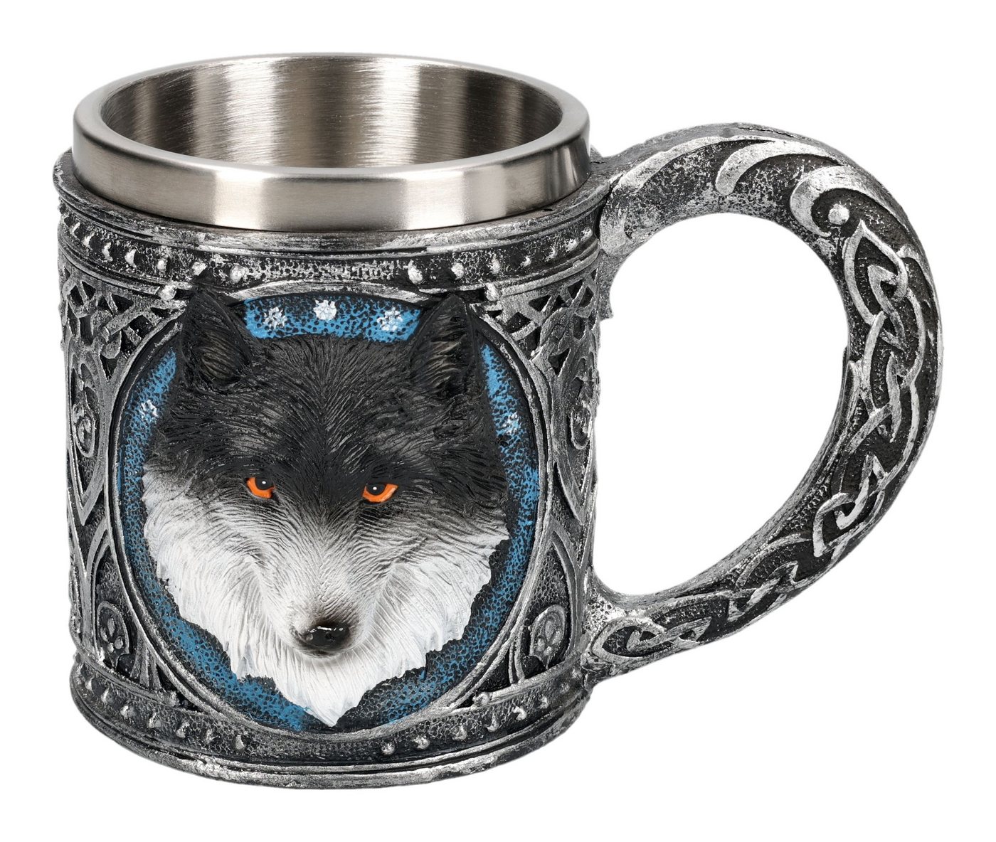 Figuren Shop GmbH Bierkrug Schattenwolf Krug – Wolf Kopf Fantasy Gothic Becher 400 ml Bierkrug, Kunststein (Polyresin), Edelstahl von Figuren Shop GmbH