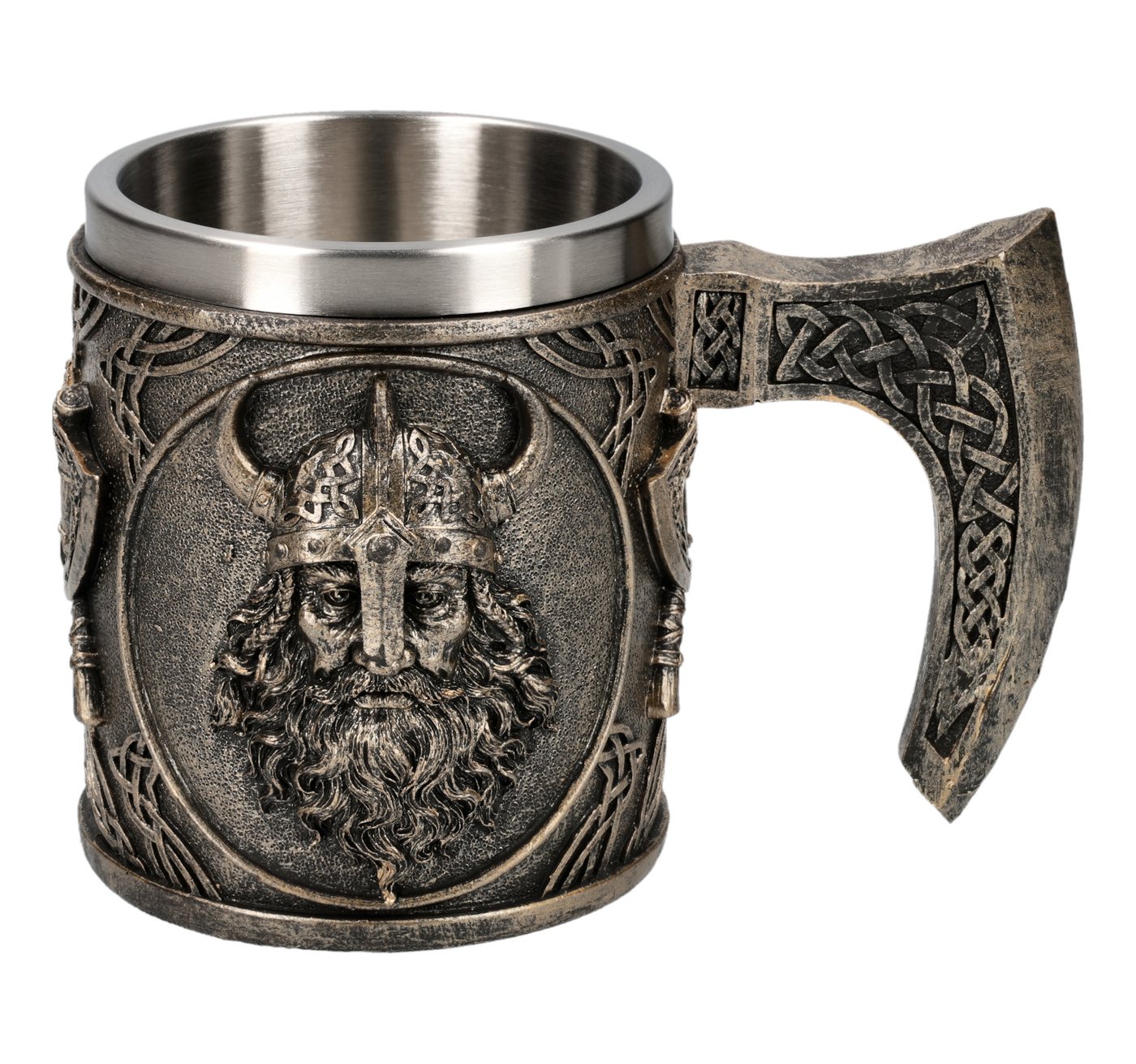 Figuren Shop GmbH Bierkrug Wikinger Krug – Metbecher Sammlerkrug Gothic Bierkrug mit Äxten 10.5cm, Kunststein (Polyresin), Edelstahl von Figuren Shop GmbH