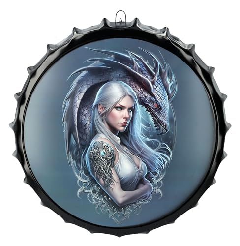 Figuren Shop GmbH Blechschild Kronkorken Drachen Kriegerin 42 cm - Schwarz Fantasy Wand Deko Schild Metallschild Gothic Blech Metall von Figuren Shop GmbH