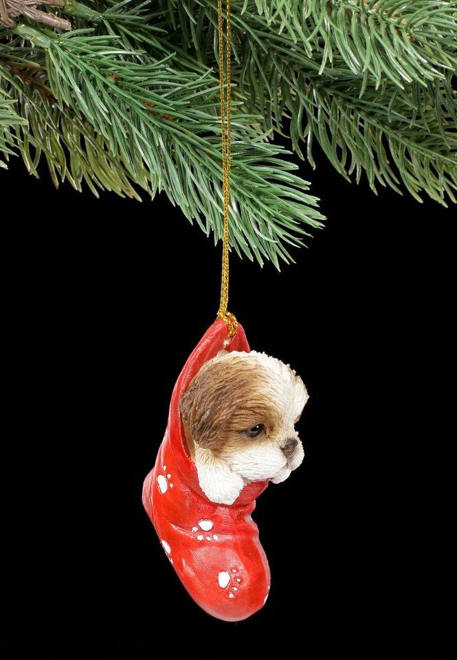 Figuren Shop GmbH Christbaumschmuck Christbaumschmuck Hund - Shih Tzu im Strumpf - Weihnachten Tierdeko (1-tlg) von Figuren Shop GmbH