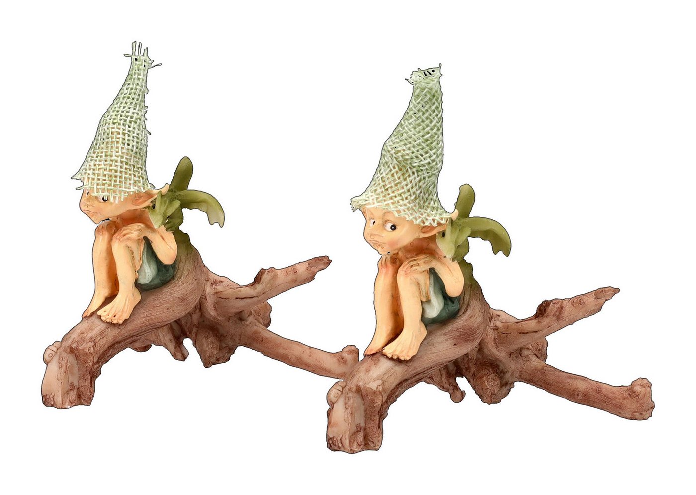 Figuren Shop GmbH Dekofigur Pixie Kobold Figur mit Drache auf Baum - 2er Set - Zwerge Baumstamm von Figuren Shop GmbH