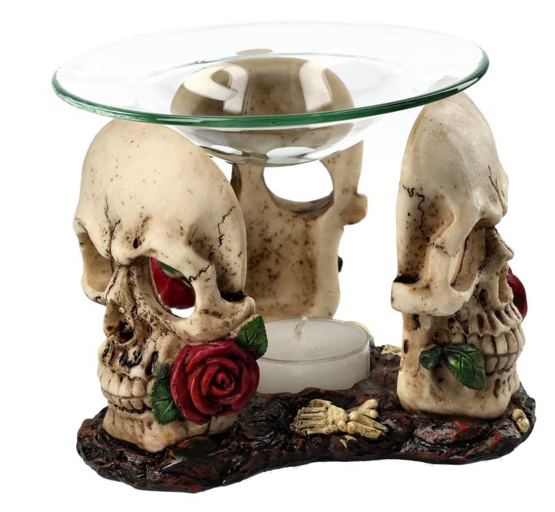 Figuren Shop GmbH Duftlampe Duftlampe - Totenköpfe mit Rosen - Raumduft Teelichthater Gothic Deko von Figuren Shop GmbH