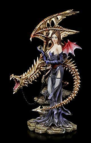 Figuren Shop GmbH Fantasy Dark Angel Figur - Larua mit Skelett Drache | Gothic Deko-Figur, handbemalt, Flügel zum Stecken von Figuren Shop GmbH