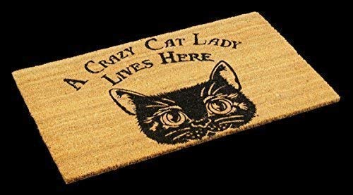 Figuren Shop GmbH Fußmatte mit schwarzer Katze | A Crazy Cat Lady Lives Here | Lustiger Spruch Verrückte Katzenlady von Figuren Shop GmbH