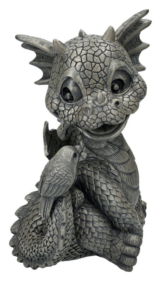 Figuren Shop GmbH Gartenfigur Garten Figur - Drache freut sich über Vogel - Fantasy Gartenfigur Dekoration von Figuren Shop GmbH