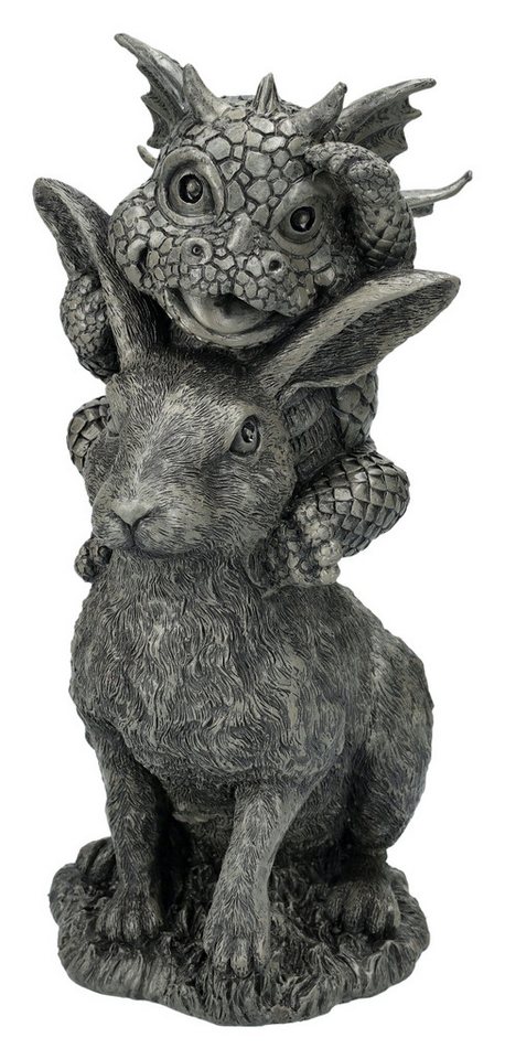 Figuren Shop GmbH Gartenfigur Garten Figur - Drachen Baby reitet auf Hase - Fantasy Gartenfigur von Figuren Shop GmbH