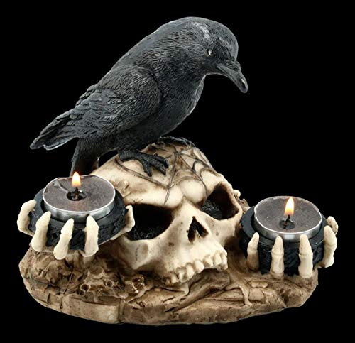 Gothic Teelichthalter - Rabe auf Totenschädel | Skull, Schädel, Fantasy Deko-Artikel, Deko-Figur, Skulptur, Statue, H 16 cm von Figuren Shop GmbH