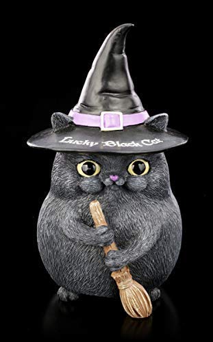 Figuren Shop GmbH Katzen Fantasy-Figur als Hexe mit Besen und Hut - Snapcat Lucky Black Cat | Witzige Dekofigur, handbemalt von Figuren Shop GmbH