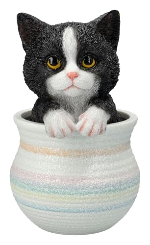 Figuren Shop GmbH Katzenfigur Blumentopf – Dekofigur Katze schwarz-weiß, Tierfigur, 15,5 cm von Figuren Shop GmbH