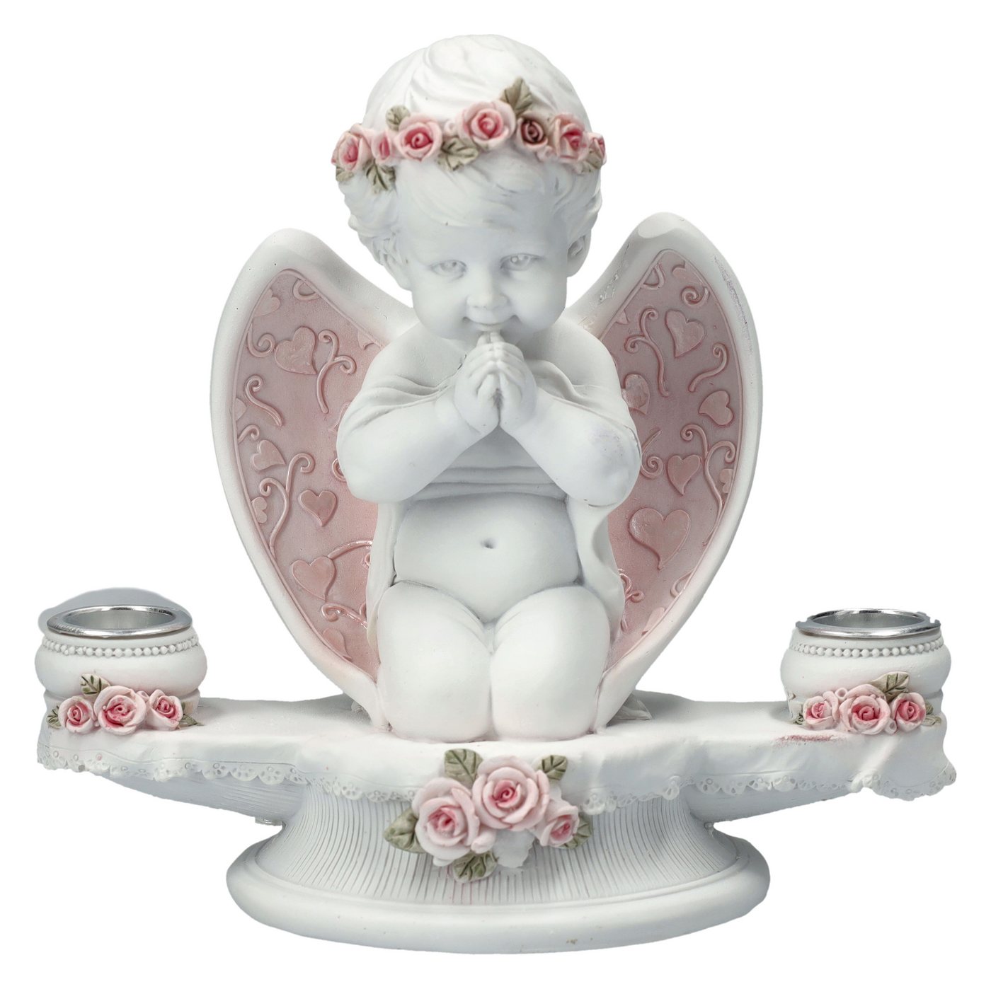 Figuren Shop GmbH Kerzenhalter Kerzenhalter Engel - Putte mit rosa Rosen - Dekoration Engel Cherub von Figuren Shop GmbH