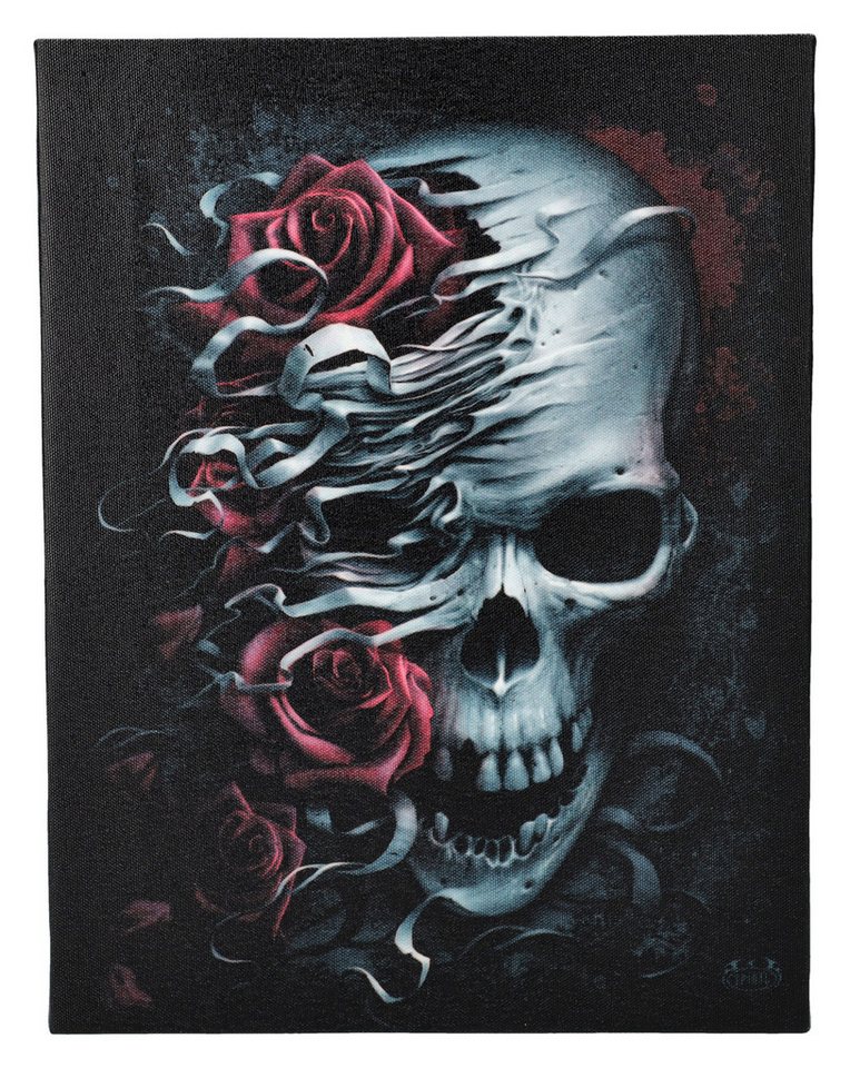 Figuren Shop GmbH Leinwandbild Kleine Leinwand Totenkopf - Skull n Roses Spiral Wandbild Totenschädel, Totenkopf, Totenschädel, Rose von Figuren Shop GmbH