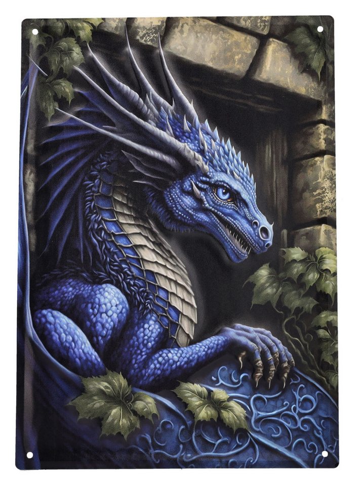 Figuren Shop GmbH Metallschild Blechschild - Blauer Dornen Drache - Fantasy Dekoschild Metallschild von Figuren Shop GmbH