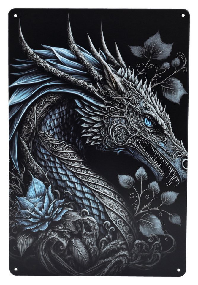 Figuren Shop GmbH Metallschild Blechschild - Blauer Rosen Drache - Fantasy Metallschild Dekoschild Figuren Shop GmbH Metallschild Blechschild - Blauer Rosen Drache - Fantasy Metallschild Dekoschild von Figuren Shop GmbH