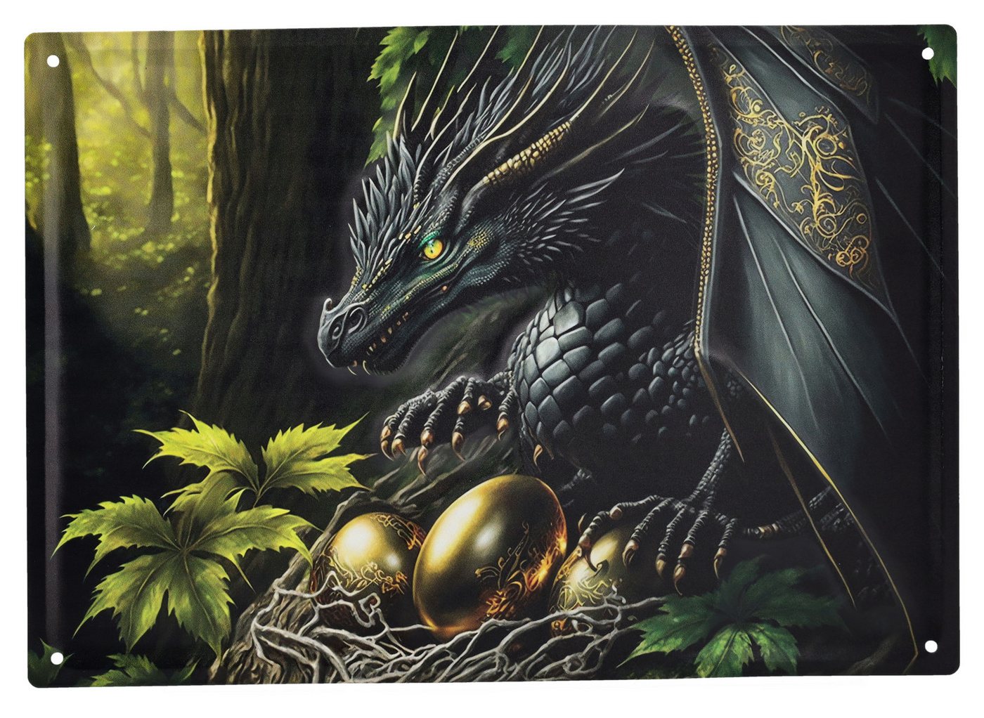 Figuren Shop GmbH Metallschild Blechschild - Schwarzer Gold Drache - Fantasy Dekoschild Drachenei von Figuren Shop GmbH