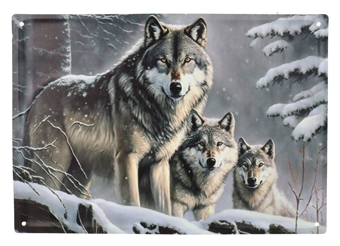 Figuren Shop GmbH Metallschild Blechschild - Wolfsrudel im Winterwald - Wandschild Wolf Fantasy von Figuren Shop GmbH