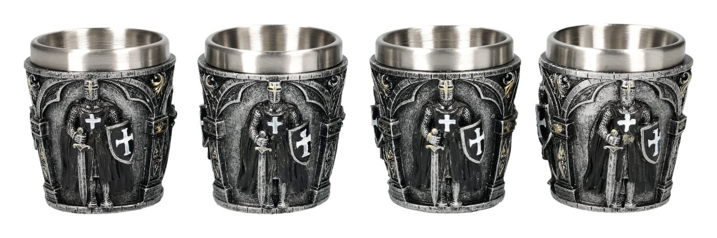 Figuren Shop GmbH Schnapsglas Schnapsbecher Kreuzritter Set – Ritterfigur Schnapsglas 7 cm 4er Set, Kunststein (Polyresin), Edelstahl von Figuren Shop GmbH