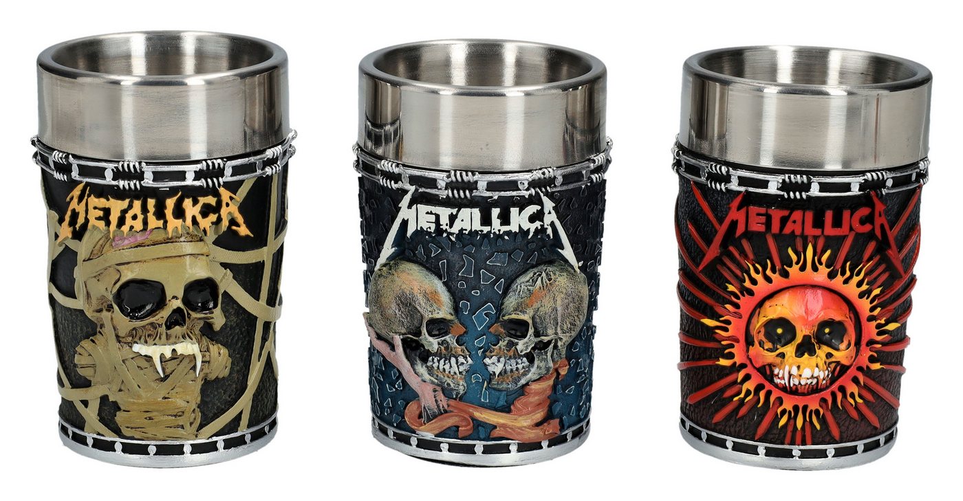 Figuren Shop GmbH Schnapsglas Schnapsbecher - Metallica 3er Set - Metall Band Merchandise Deko Schna, Kunststein (Polyresin), Edelstahl von Figuren Shop GmbH