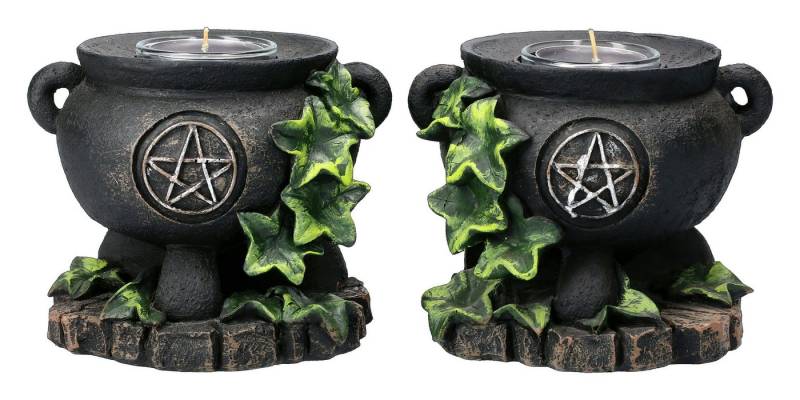 Figuren Shop GmbH Teelichthalter Teelichthalter 2er Set - Hexenkessel mit Efeu - Dekoration von Figuren Shop GmbH